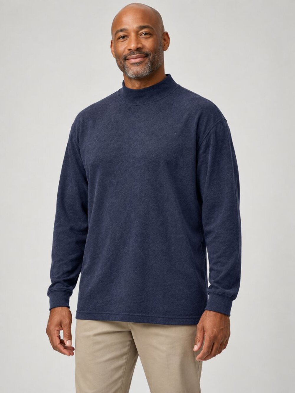 Lands' End Men's Navy Mock Neck Long Sleeve 100% Cotton Shirt L 42-44 Regular